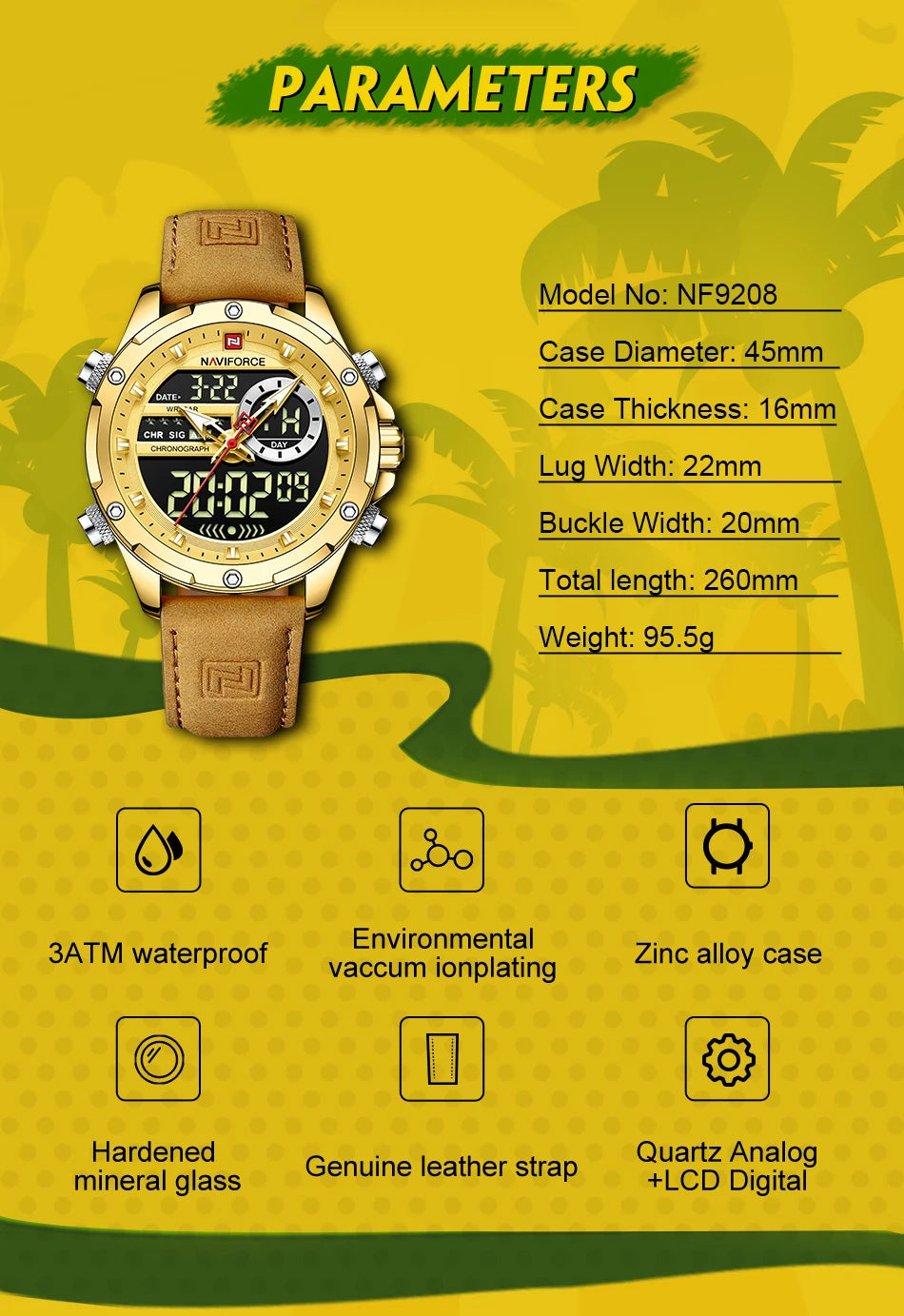 NAVIFORCE Luxury Original Watches For Men Casual Sport Chronograph Alarm Quartz WristWatch Leather Waterproof Digital Clock 9163 - Sun Studio