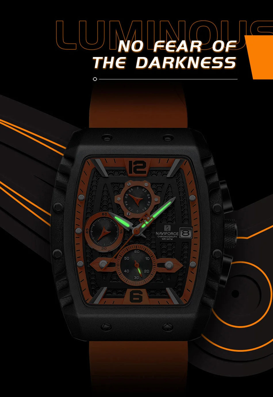 NAVIFORCE Creative Barrel-Shaped Dial Men Watches Fumed Silica Strap Waterproof Quartz Chronograph Date Display Male Wrist Watch - Sun Studio