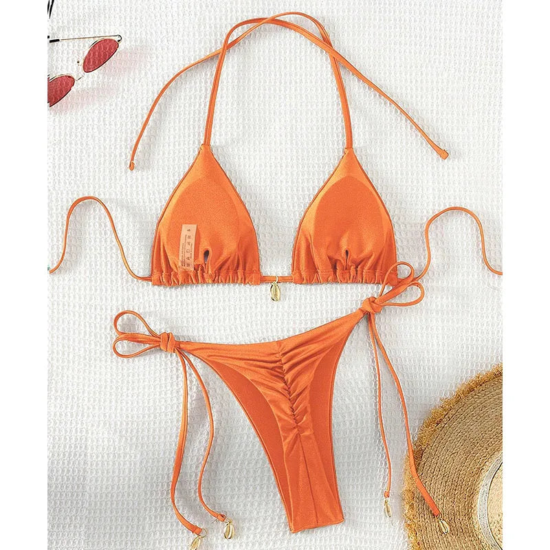 2 Pcs/Set Bikini Set Sexy Bikinis 2025 Bathing Suit Solid Color Halter Neck Strap Thong Women Swimsuit Set for Beach Swimwear - Sun Studio