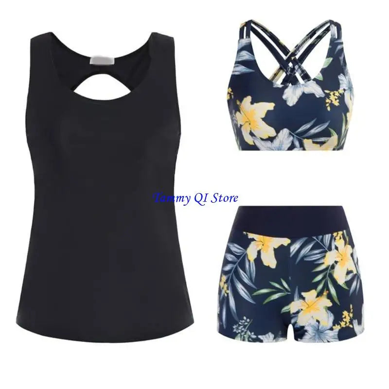 F1FD Women Flowers Print Bathing Suit 3 Pcs Split Swimwear Tankini Swimsuit Swimming Costume Set Ladies Sports Swimwear - Sun Studio