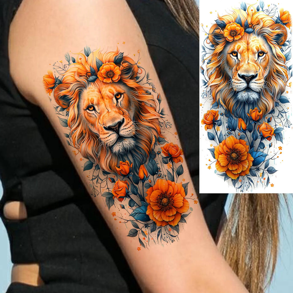 1 Sheet Beautiful Turtle With Flowers Temporary Tattoos Elephant Lion Tatoos Waterproof Realistic Animals Fake Tattoos Stickers - Sun Studio
