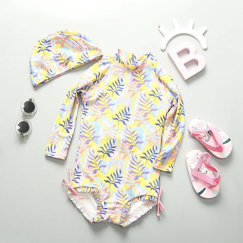 UPF50 Girls Swimwear Long Sleeves Floral Baby Swimsuit UV Protection Children's Swimming Suit Beach Summer Toddler Bathing Suit - Sun Studio
