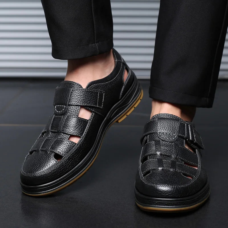 Classic High Quality Leather Business Sandals Summer Outdoor Hiking Shoes Handmade Sandals Fashion Comfortable Men Beach Shoes - Sun Studio