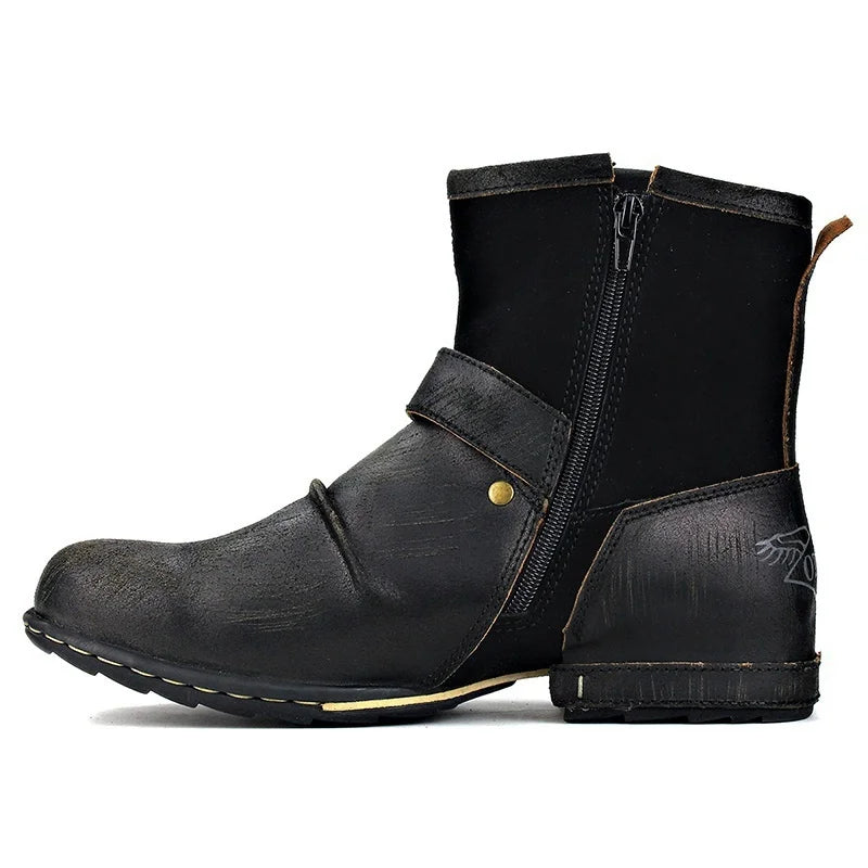 Men's Ankle Boots High Quality Cowboy Boots Men Metal Buckle Side Zipper Motorcycle Boots Gothic Boots Retro Western Boots - Sun Studio