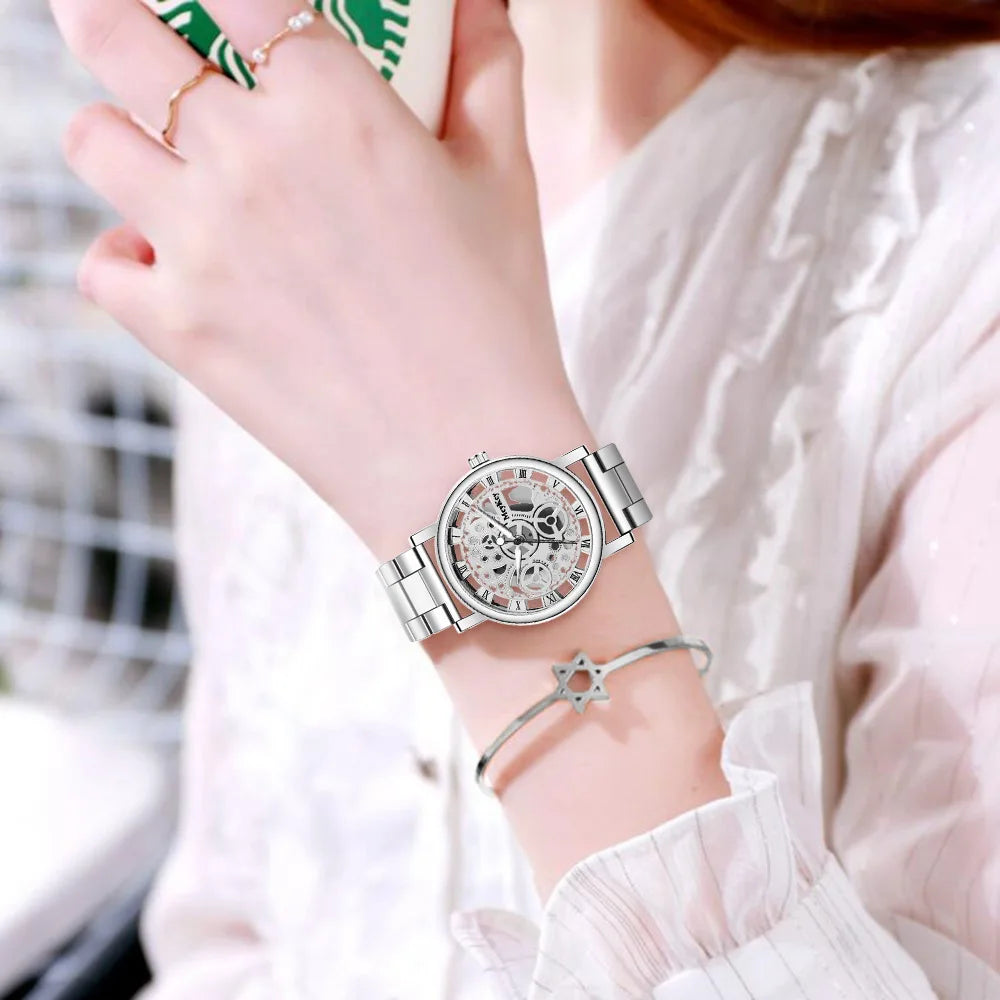 Free Shipping New Fashion Women Hollow Skeleton Faux Mechanical Watch Ladies Metal Mesh Quartz Watches For Gift Relogio Feminino - Sun Studio