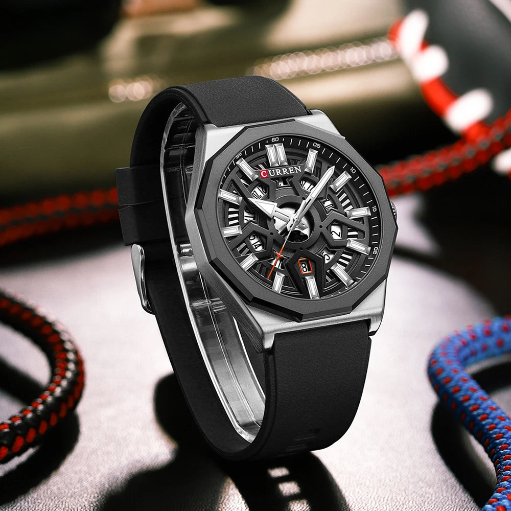 CURREN Fashion Creative Design Watches Men Quartz Silicone Strap Date Wristwatches for Male Clock with Luminous Hands - Sun Studio
