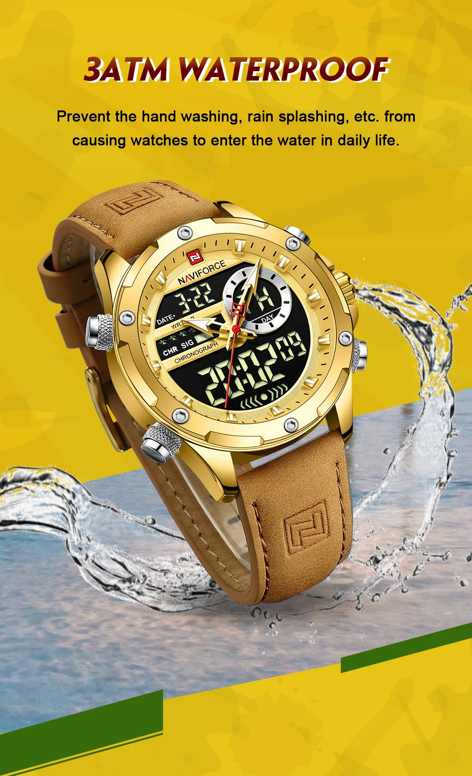 NAVIFORCE Luxury Original Watches For Men Casual Sport Chronograph Alarm Quartz WristWatch Leather Waterproof Digital Clock 9163 - Sun Studio
