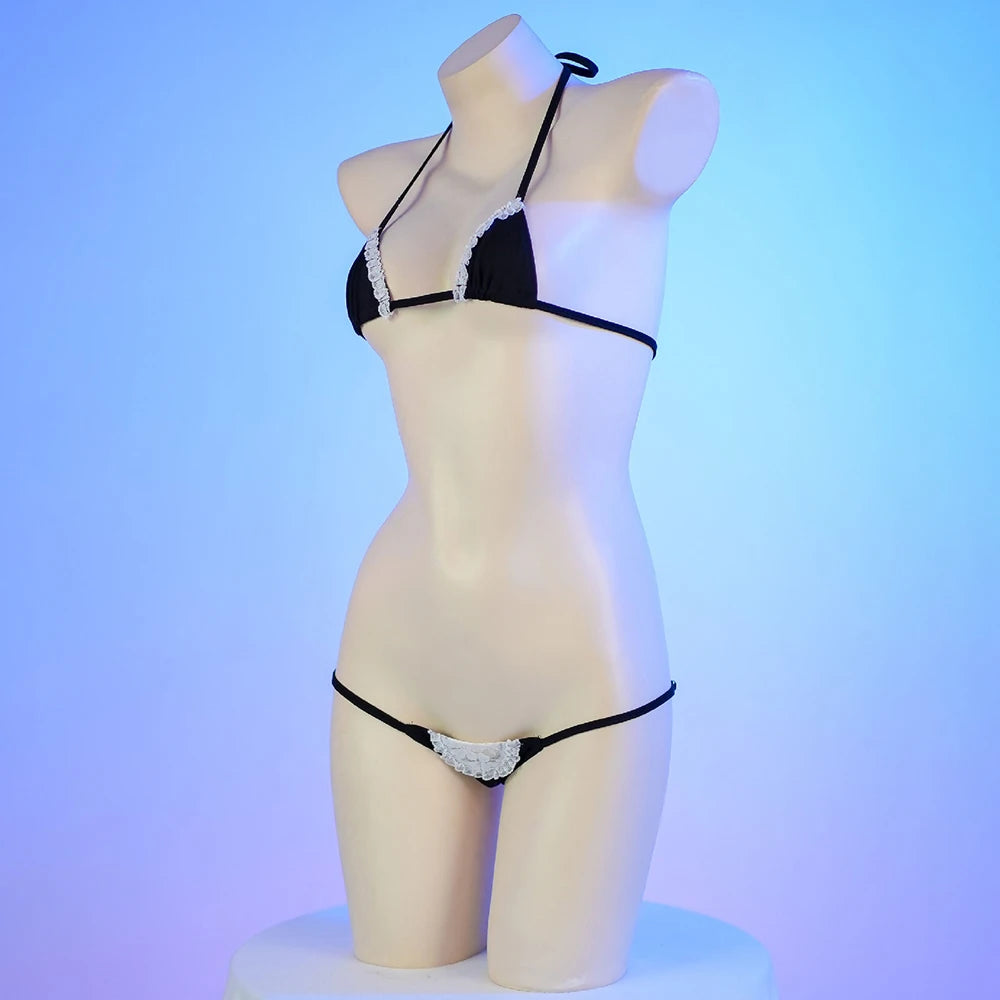 Sexy Maid Cosplay Bikini Leather Bra With Lace Underwear Lingerie Swimsuit Low Waist Bikinis Sets Beach Swimwear - Sun Studio
