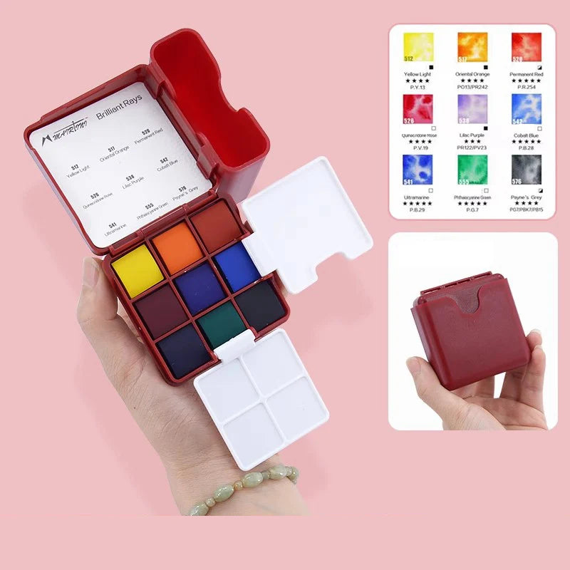 MAIRTINI Travel Watercolor Paint Set 9 Colors 100% Cotton Paper Mini Solid Water Color Paint With Palette Painting Supplies - Sun Studio