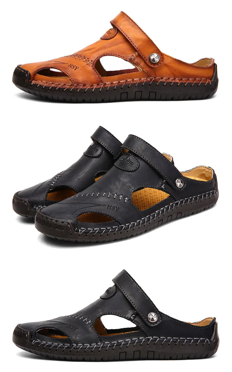 Large Size Men's Sandals Casual Leather Beach Shoes Breathable Slip-On Durable Stitched Construction Comfortable Walking Sandals