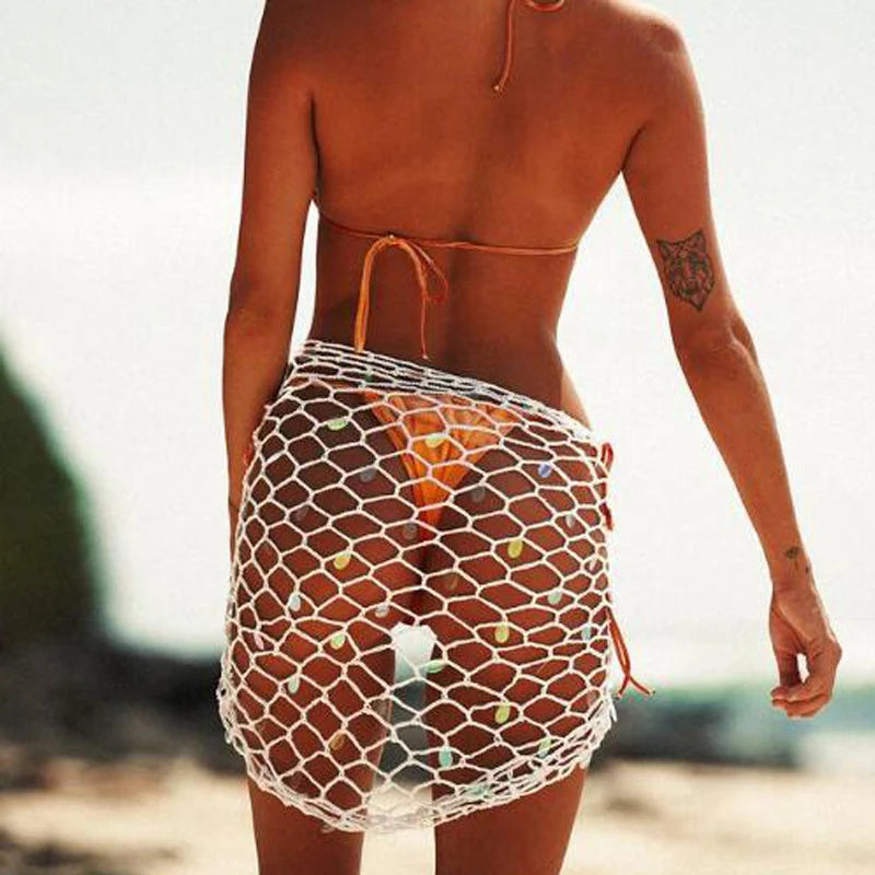 Women's Handmade Crochet Triangle Mesh Shawl With Sequins Sexy Beach Sunscreen Skirt Summer Hollow Out Swimsuit Cover Ups - Sun Studio
