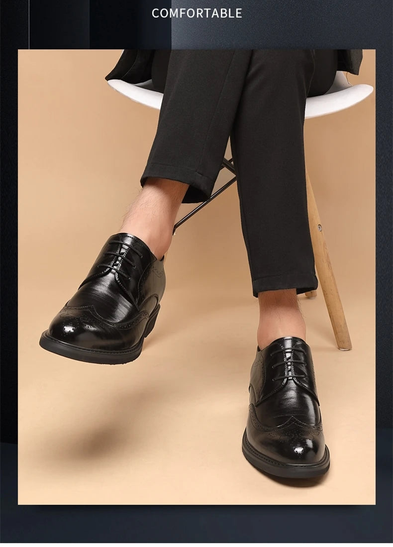 Men's Dress Brogues Elevator Shoes Platform Breathable Casual Business Luxury Genuine Leather Heightening Shoes 6 8CM Taller Man - Sun Studio
