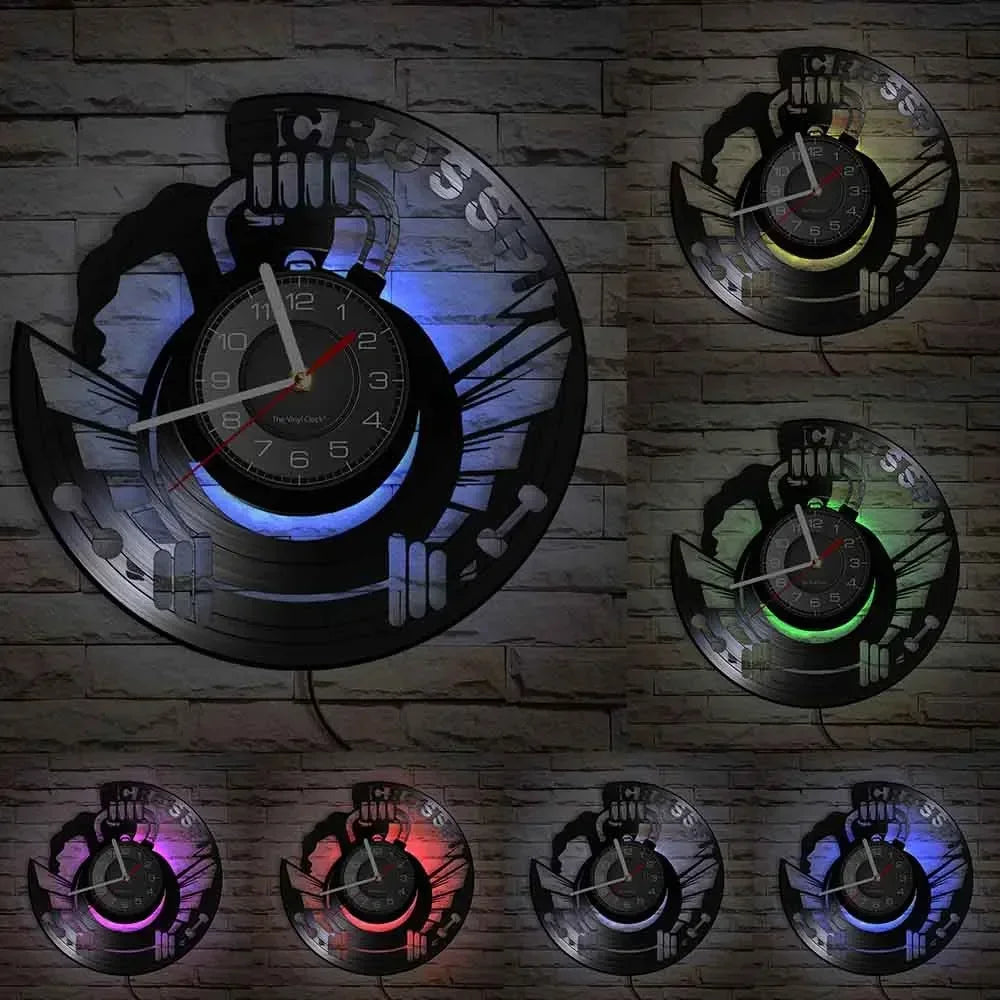 Fitness Equipment Theme Vinyl Record Fitness Wall Clock Home Decoration LED Backlight Modern Fitness Watch