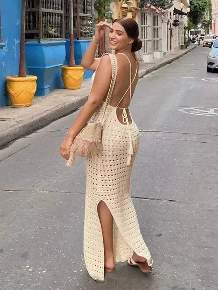 Sexy Knit Cut Out Tassel Spaghetti Strap Bodycon Beach Maxi Dress Summer Women's Holiday Club Party Outfit Swimsuit Cover Up K10 - Sun Studio