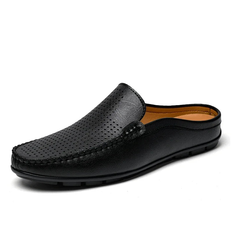 Half Shoes for Men Summer Mens Mules Perforated Leather Slippers Casual Slip-ons Loafers Flats Black Brown - Sun Studio