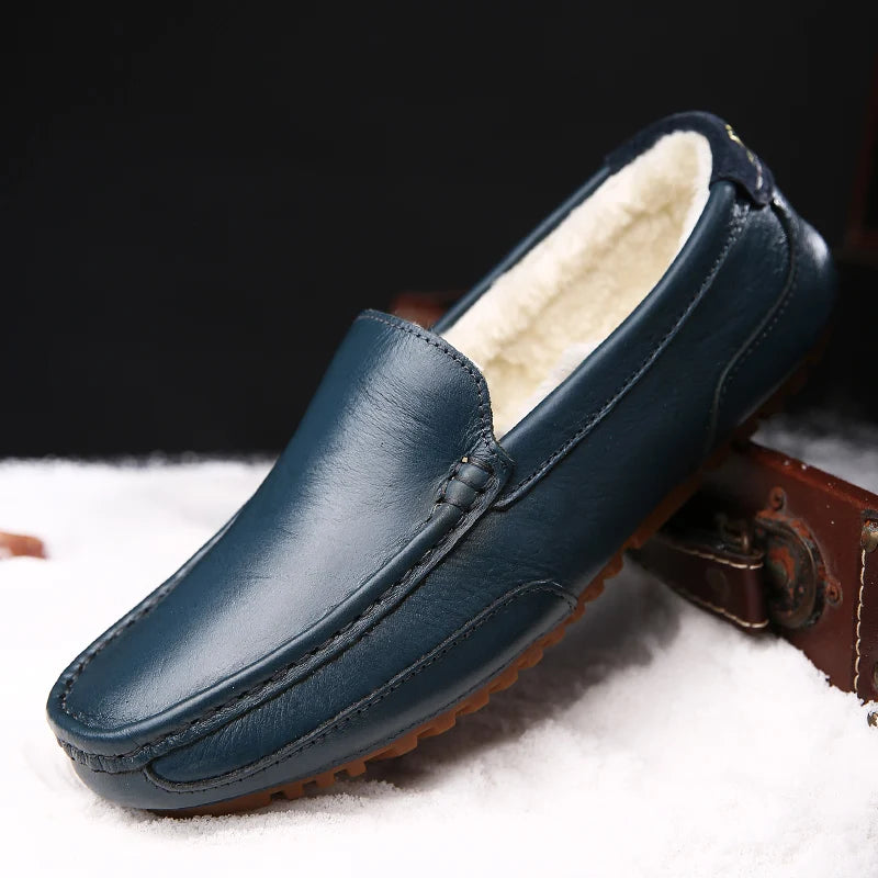Winter Fur Loafers Men Casual Shoes Cotton Leather Dress Shoes Slip-on Flats Plush Man Moccasins Fleece Lined Driving Shoes - Sun Studio