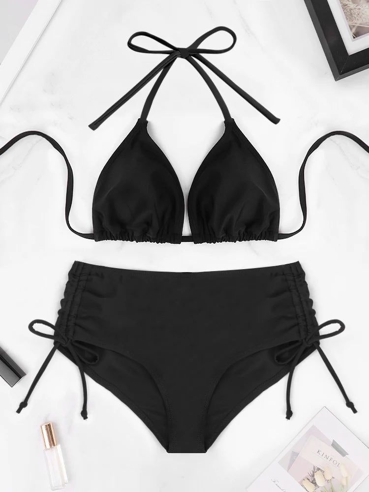 2 Pcs/Set Women's Bikini Split Set Summer Leisure Vacation Style Hanging Neck Bareback Strap Bikini Set Beach Women's Swimsuit - Sun Studio