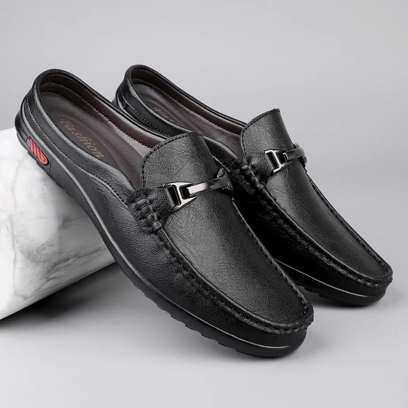 Luxury Men Genuine Leather Shoes Casual Business Men Slip-on Shoe All-Match Half Slippers Loafers Summer Handmade Flats Slippers - Sun Studio