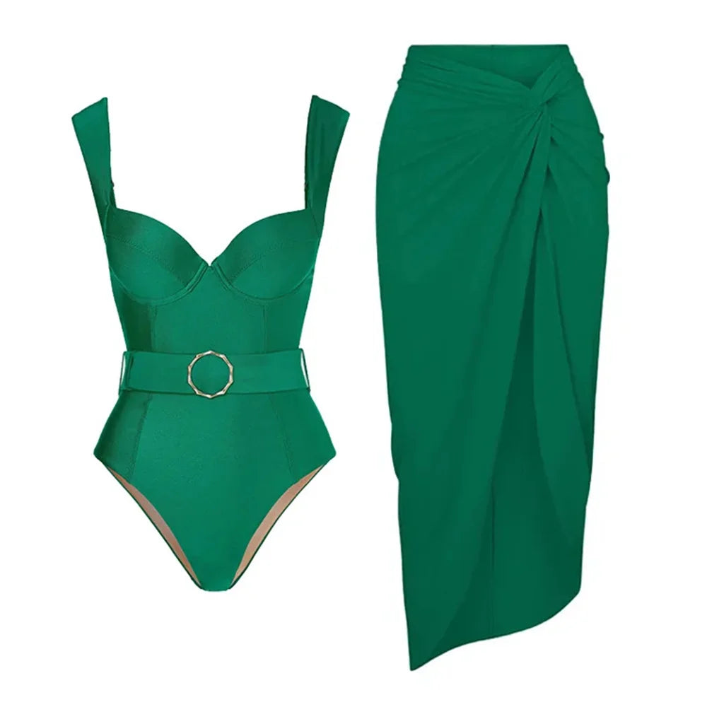 2024 Sexy Women's Swimsuit with Skirt One-Piece Swimwear Vintage Ruffle V Neck Cover Up Bikinis Set Beachwear Bathing Suit - Sun Studio