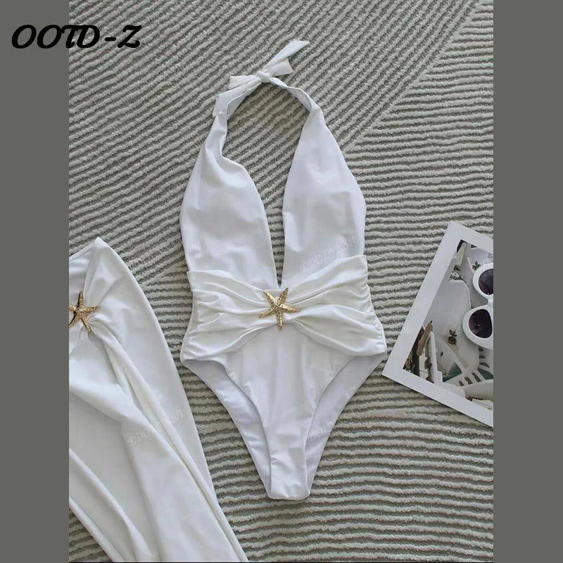 Sexy Halter Starfish Decorative Bikini Set Women 2025 Summer Solid Deep V-neck Swimsuit Side Split Skirt Lady Beach Holiday Suit - Sun Studio