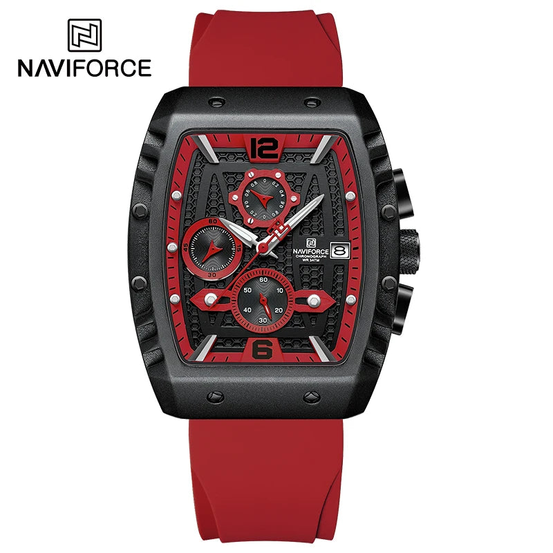 NAVIFORCE Creative Barrel-Shaped Dial Men Watches Fumed Silica Strap Waterproof Quartz Chronograph Date Display Male Wrist Watch