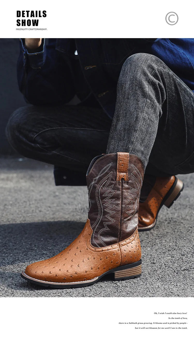 Men's Classic Retro Western Cowboy Boots Embossed Leather Mens Fashion Embroidery Mid-Calf Boot High top Casual Shoes for Men - Sun Studio