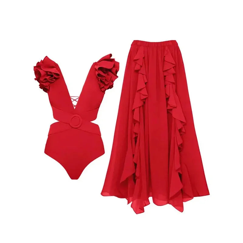 2024 Sexy Women's Swimsuit with Skirt One-Piece Swimwear Vintage Ruffle V Neck Cover Up Bikinis Set Beachwear Bathing Suit