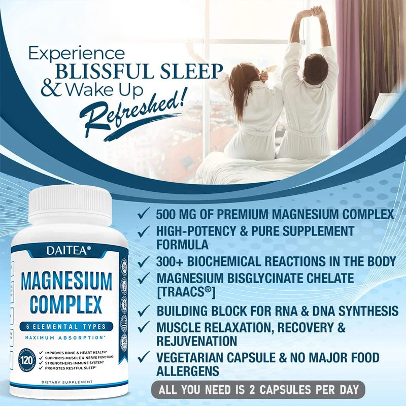 Magnesium Complex Supplement - for Supporting Muscles, Nerves, Heart and Bones, High Absorption Vegetarian Capsules - Sun Studio