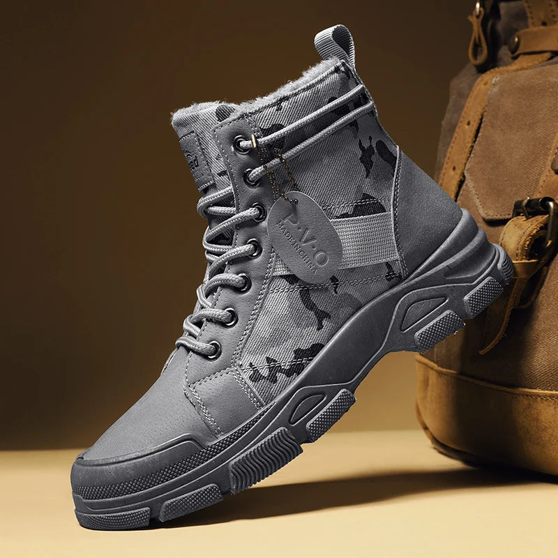 New Men's Winter Camouflage Ankle Boots Fur Lined Warm Non-Slip Outdoor Tactical Work Boots for Male - Sun Studio