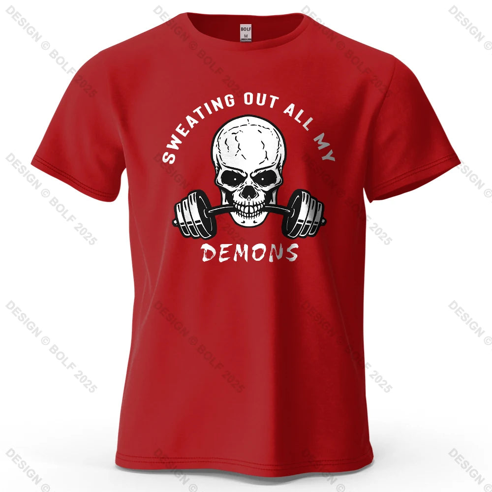 Fitness Skull Motivated Printed Men's T-Shirt 100% Cotton Oversized Gym Graphic Tees for Women Tops Tees Casual Streetwear - Sun Studio
