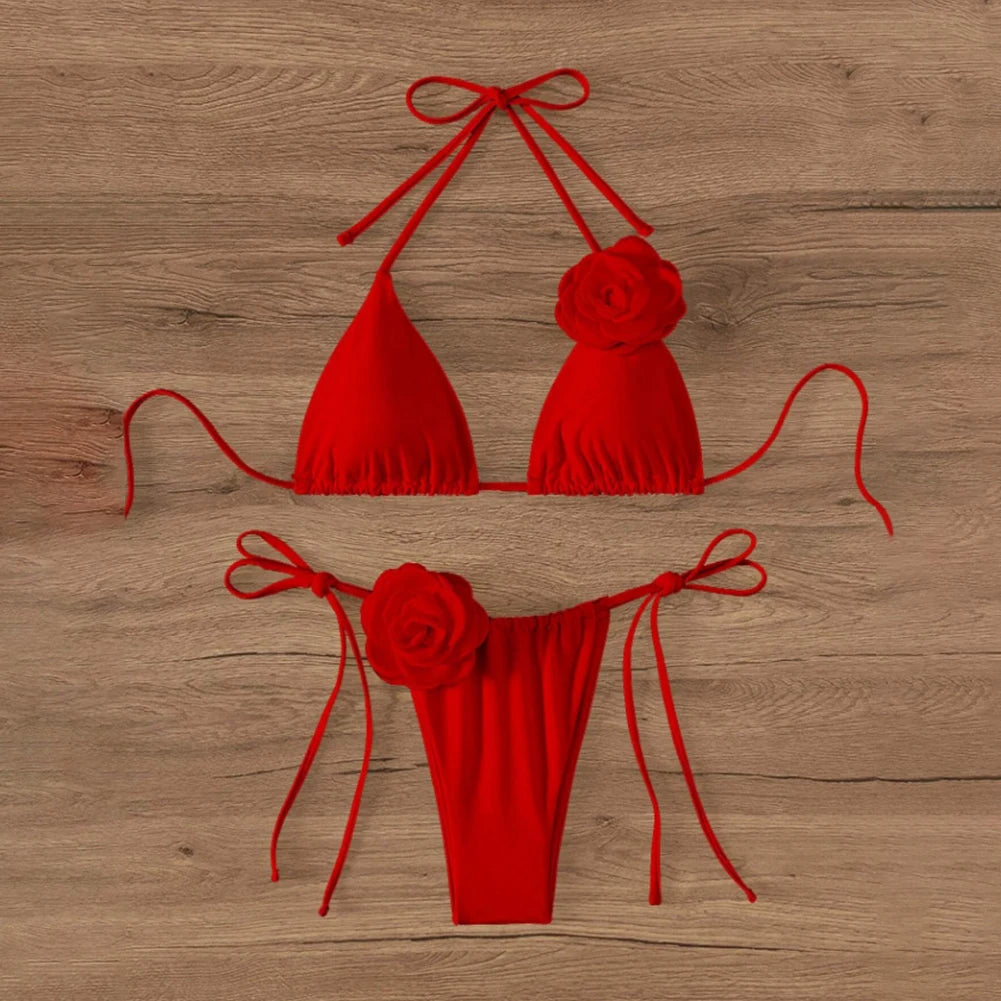 Sexy Bikini Swimsuit Suit 3D Flowers Halter Strappy Bikini Women Swimwear Female Swimsuit 2pcs Bikini Set Bather Bathing Suit - Sun Studio