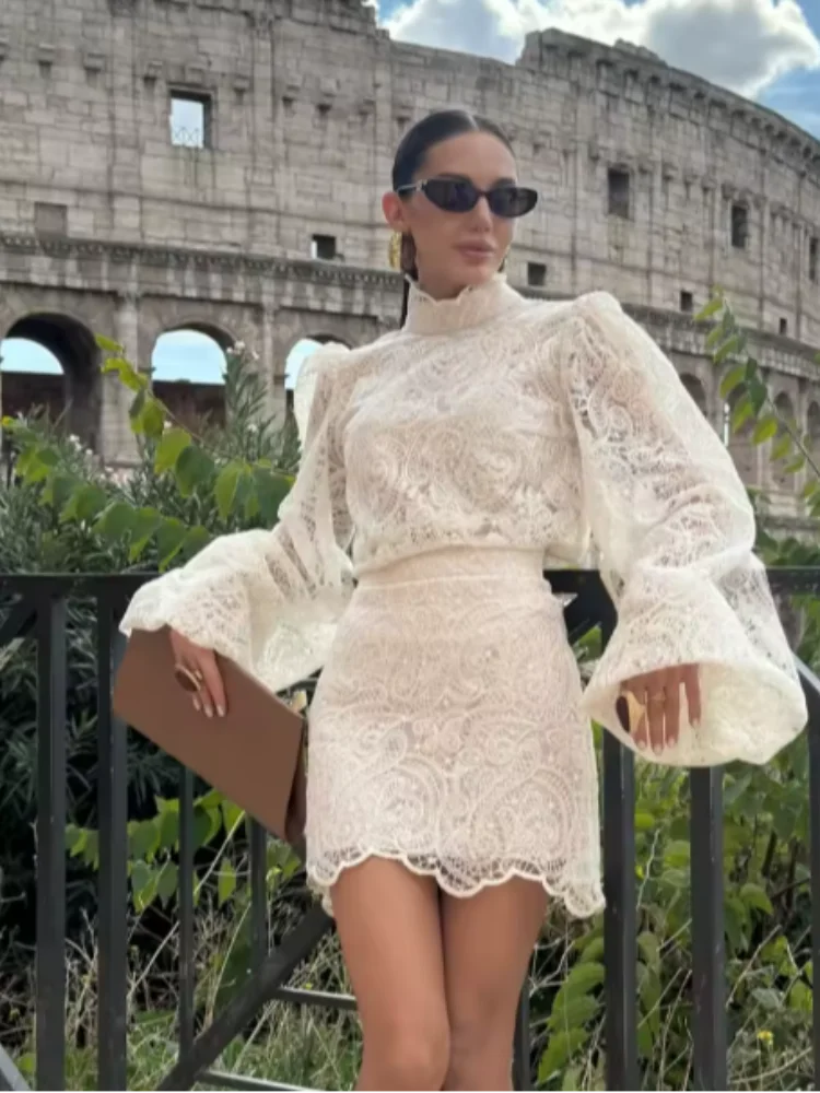 White Lace Dresses Elegant Solid Flared Sleeve High Neck Slim Pleat Mini Women Dress 2026 New Fashion Club Evening  Party Robes - Sun Studio