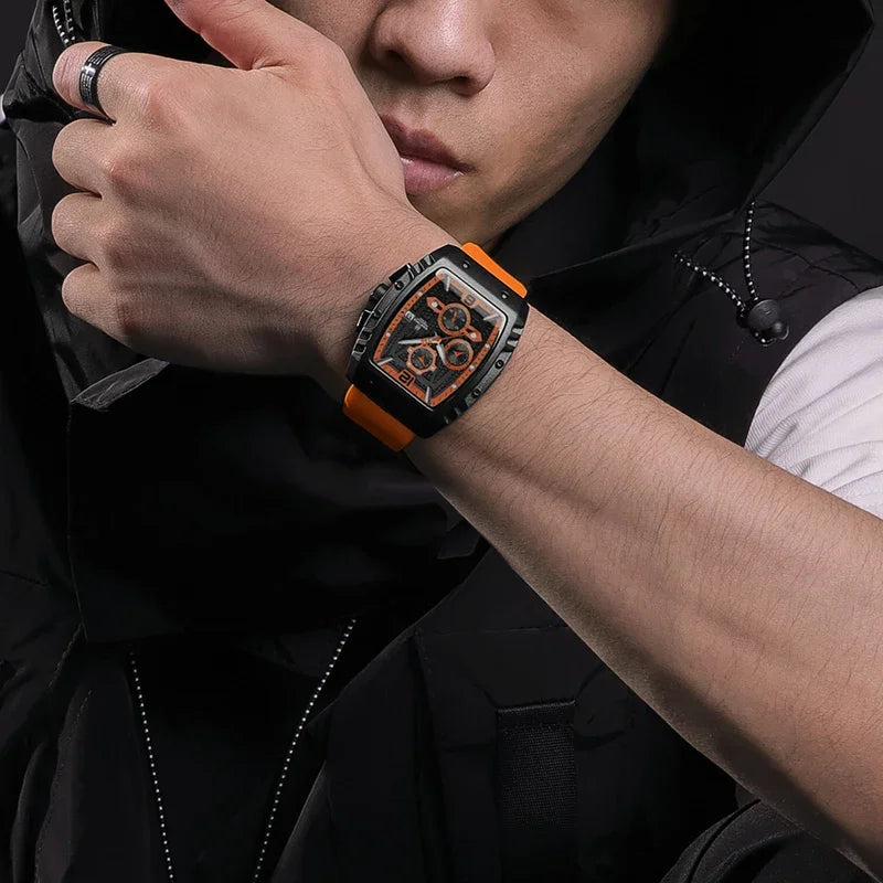 NAVIFORCE Creative Barrel-Shaped Dial Men Watches Fumed Silica Strap Waterproof Quartz Chronograph Date Display Male Wrist Watch - Sun Studio