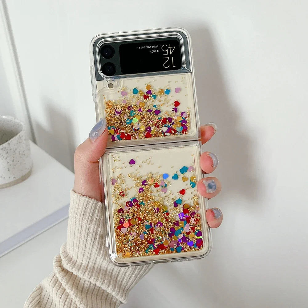 for Samsung Z Flip 7 Luxury Glitter Quicksand Case For Samsung Galaxy Z Flip 7 6 5 4 3 ZFlip 7FE Gradient Love Heart Bling Cover - Sun Studio