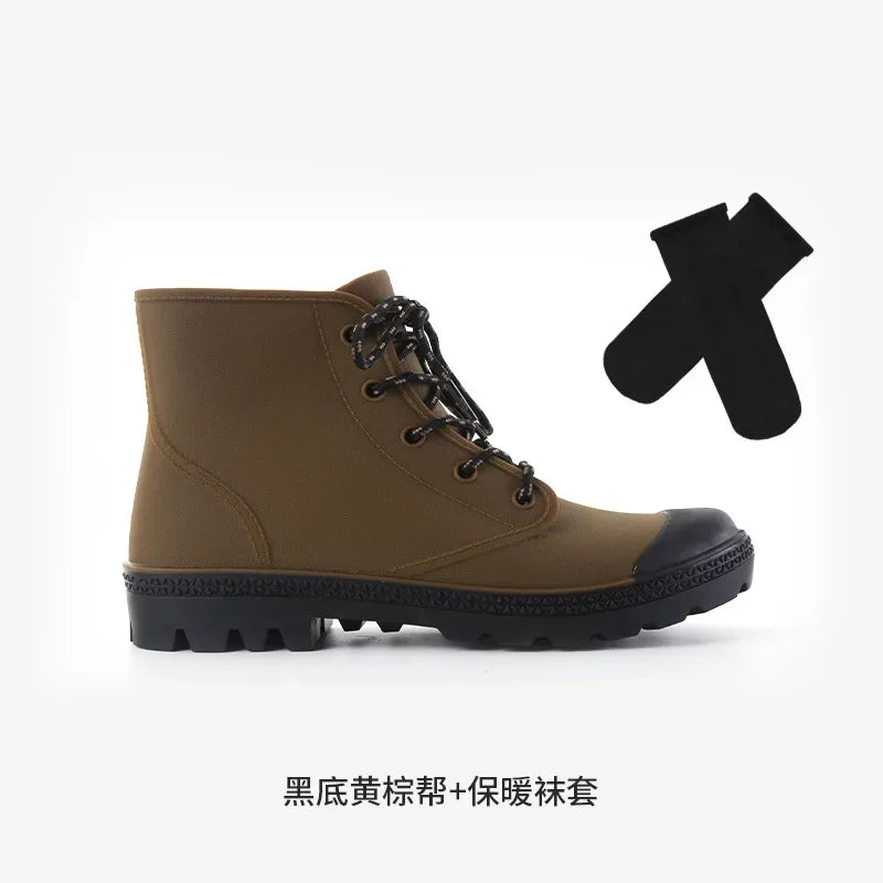 Winter Warm Rain Boots Men Fashion Lace-Up Motorcycle Outdoors Rain Boots Camping Fishing Shorts Shoes Waterproof Rain Women - Sun Studio