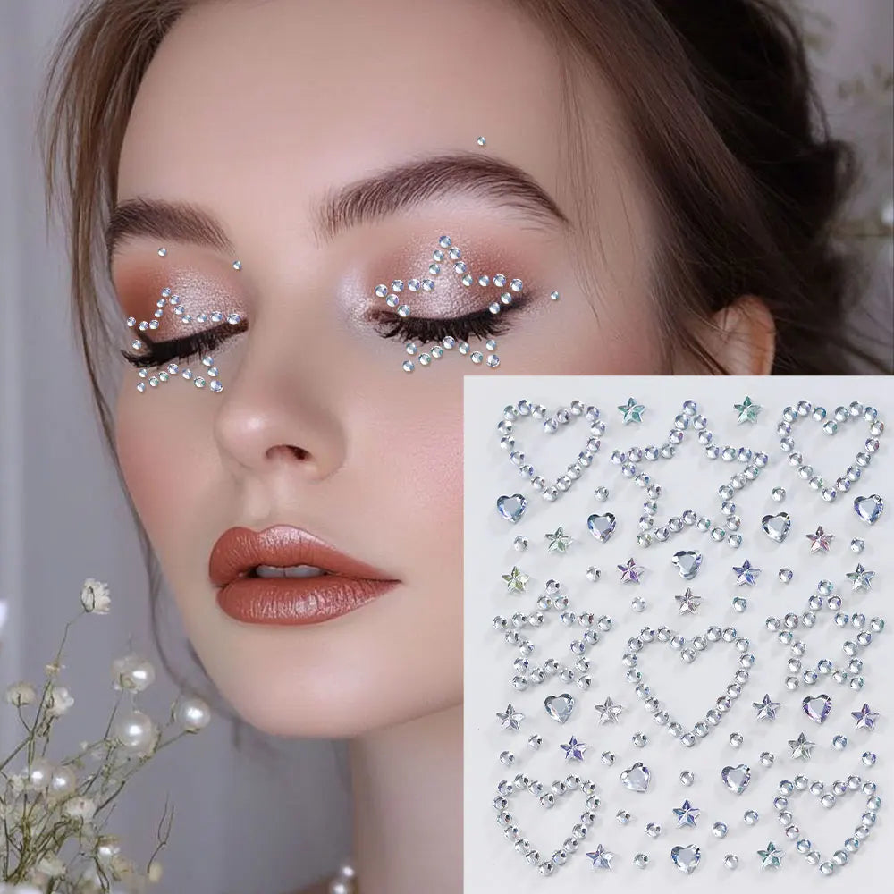 1Sheet 5D Mixed Shell Aurora Rhinestone Girl Face Stickers Hollow Star/Moon/Heart Self-Adhesive Cute Girl Make Up Diamond Decal - Sun Studio