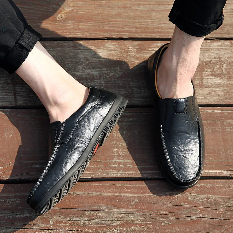 Leather Men Casual Shoes Breathable Soft Mens Loafers Italian Brand Moccasins Slip on Black Driving Shoes Plus Size 37-47 - Sun Studio