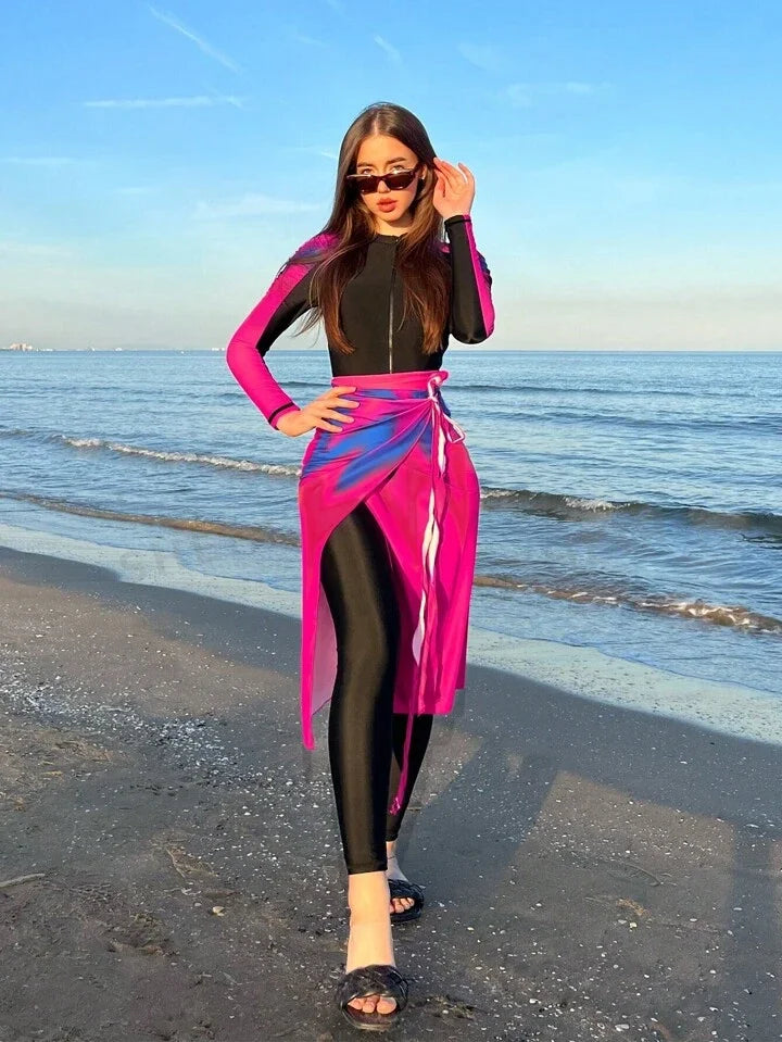4PCS/Set Modest Burkini Femmes Swimming Suit Muslim Swimwear Women Long Sleeve Sport Swimsuit Islamic Wear Contain Hijab - Sun Studio