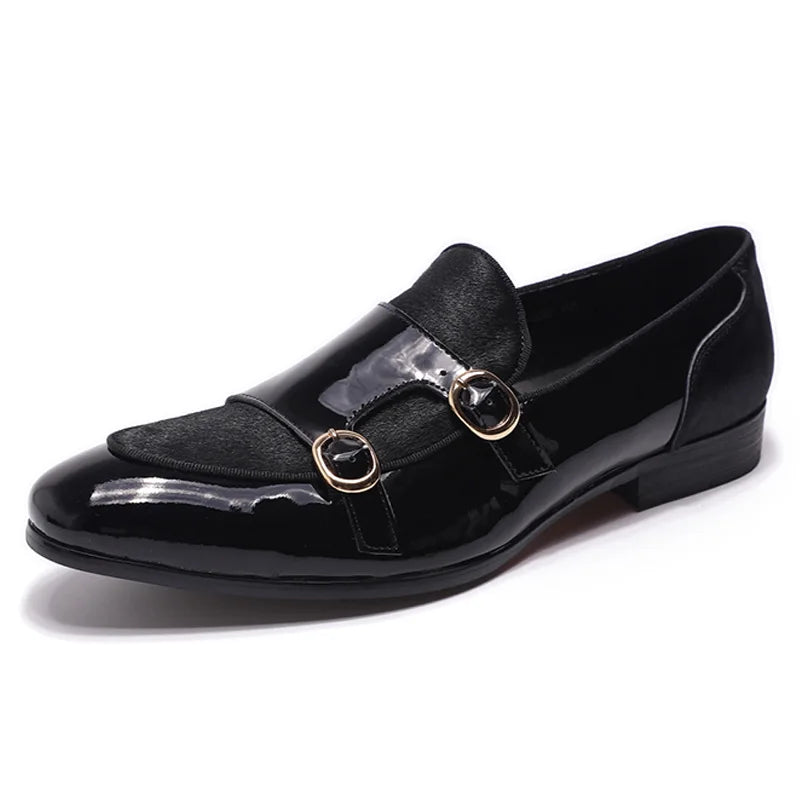 FELIX CHU Men's Patent Leather Monk Strap Dress Shoes Wedding Loafers Horse Hair Detail Casual Formal Party Gentlemen Footwear - Sun Studio