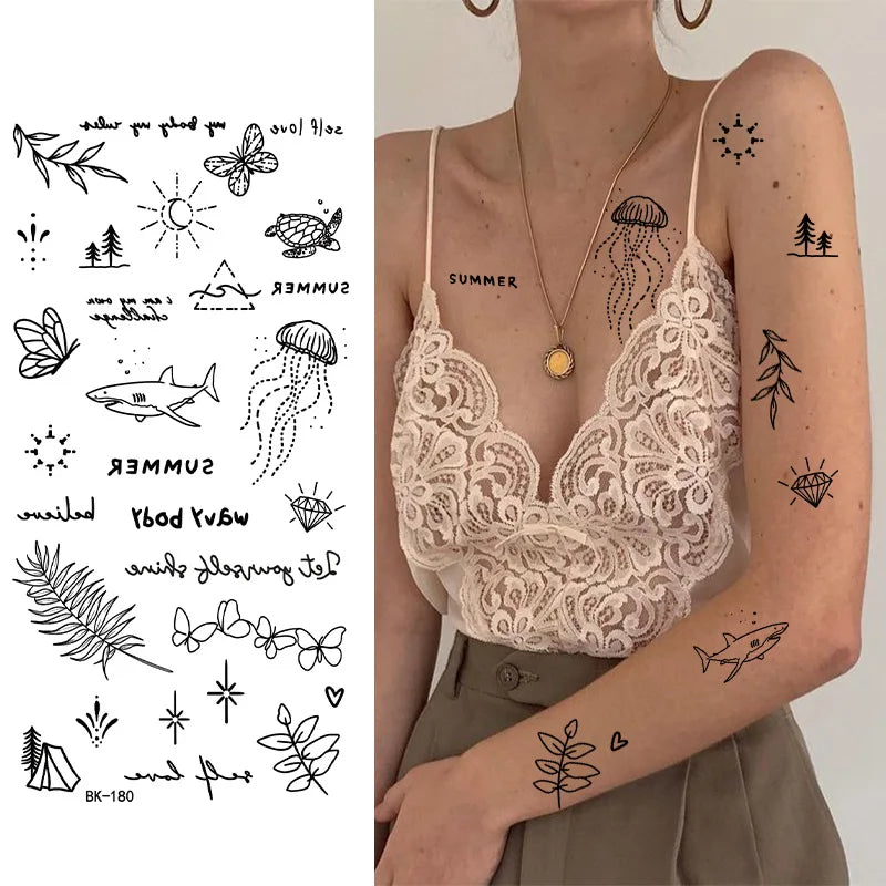 Black White Temporary Transfer Tattoos Floral Butterfly Lettering Line Art Waterproof Body Stickers for Music Festival Party