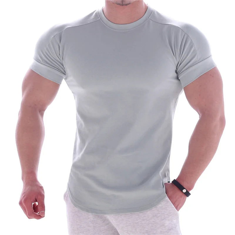 Gym T-shirt Men Short sleeve Cotton T-shirt Casual blank Slim t shirt Male Fitness Bodybuilding Workout Tee Tops Summer clothing - Sun Studio