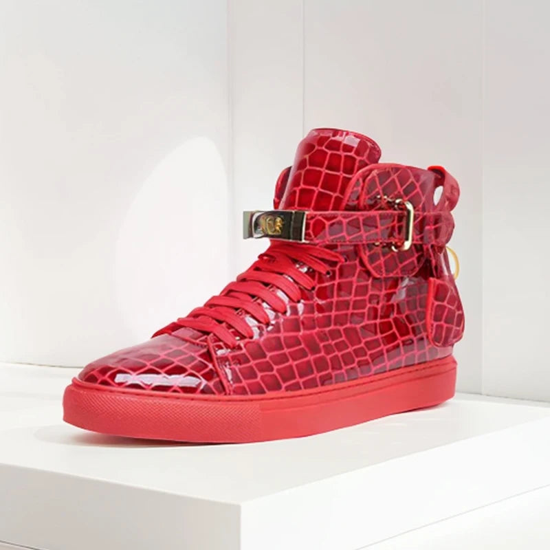 High-Top Sneakers Men Embossed Metal Lock Lace Red Metal Cow Leather Fashion Platform Casual Shoes High Quality - Sun Studio