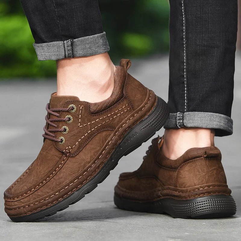 Genuine Leather Mens Loafers Anti-slip Rubber Man Casual Shoes Vintage Style Walk Shoes Slip-On Hiking Footwear Luxury Moccasins - Sun Studio
