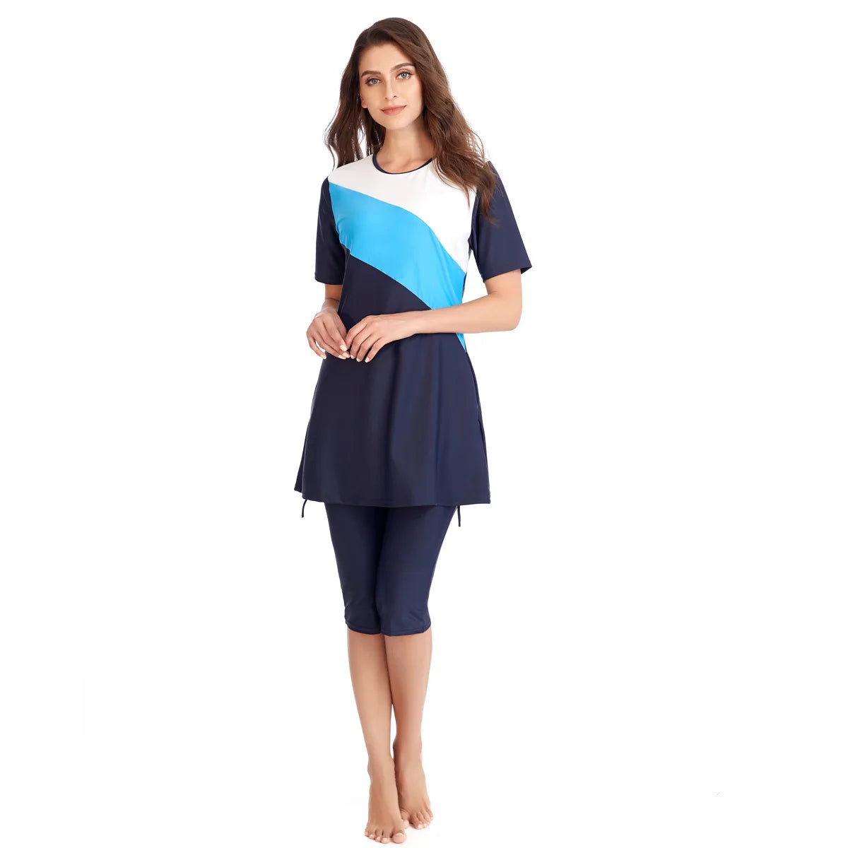 Short Sleeve Muslim Swimwear for Women, Modest Patchwork Hijab, Sport Swimsuit, Islamic Burkinis, Bathing Suit - Sun Studio