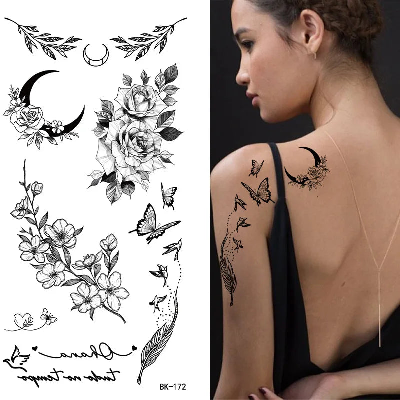 Black White Temporary Transfer Tattoos Floral Butterfly Lettering Line Art Waterproof Body Stickers for Music Festival Party