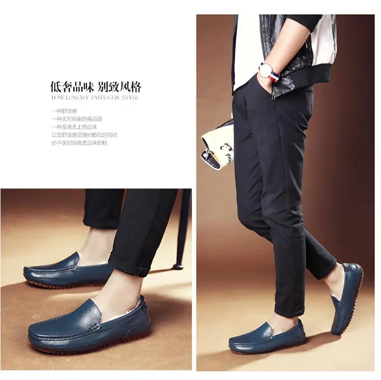 Winter Fur Loafers Men Casual Shoes Cotton Leather Dress Shoes Slip-on Flats Plush Man Moccasins Fleece Lined Driving Shoes