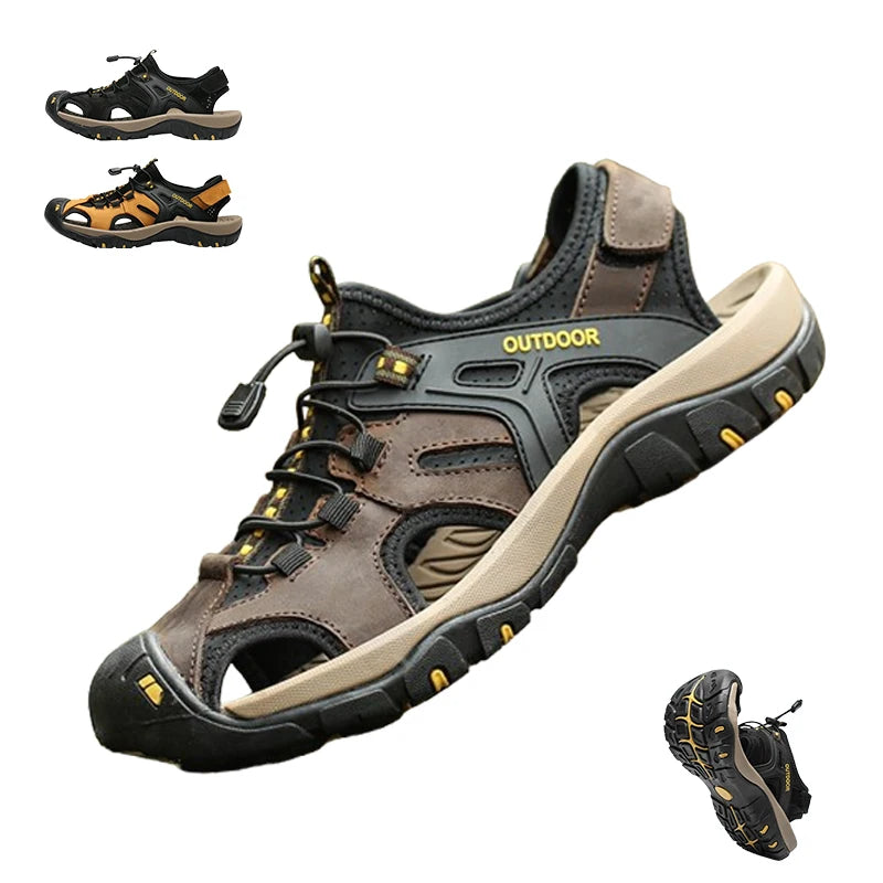 Men's Sandals Top Cowhide Upper Hollow Out Round Toe Outdoor Beach Walking Non Slip Durable Summer Beach Shoes Adjustable Buckle - Sun Studio