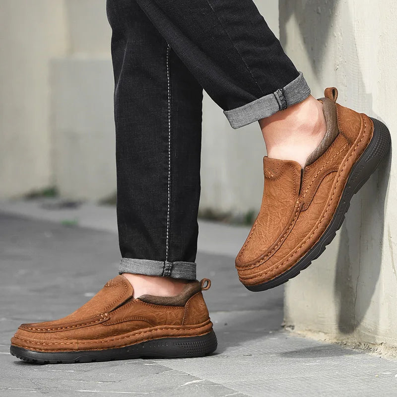 Genuine Leather Mens Loafers Anti-slip Rubber Man Casual Shoes Vintage Style Walk Shoes Slip-On Hiking Footwear Luxury Moccasins - Sun Studio