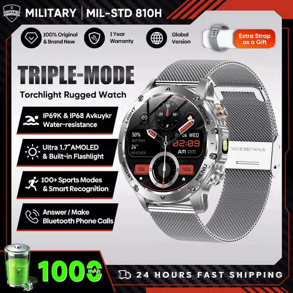 New Men Military Outdoor 1000mAh Battery Smart Watch GPS NFC Watches 3ATM Waterproof Swim 1.7-inch HD Bluetooth Call Smartwatch - Sun Studio