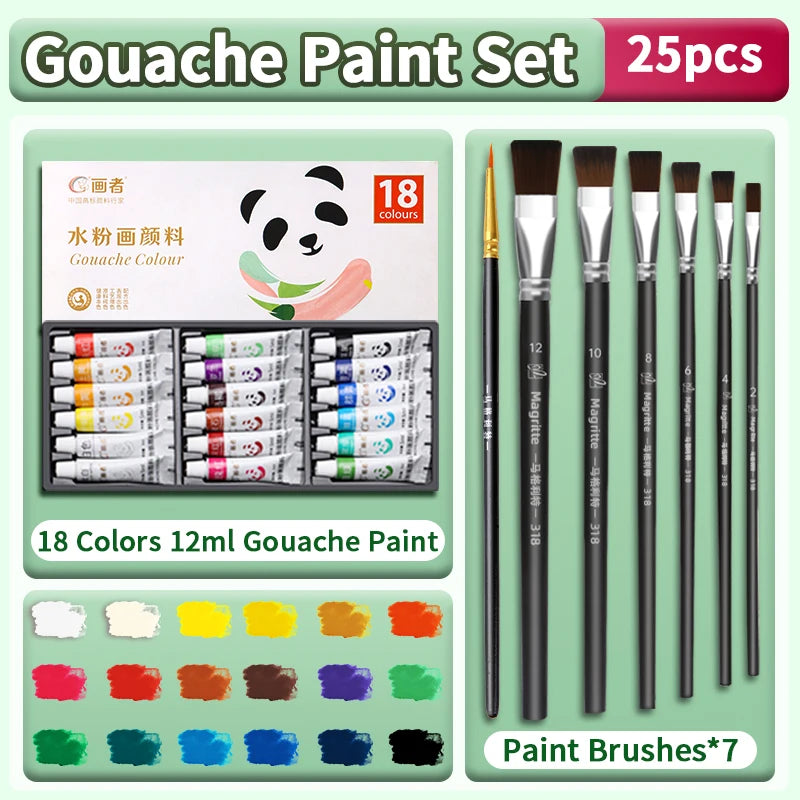Gouache Paint Set, 12/18/24 Colors, 7 Paint Brushes, Suitable for Back to School, Art Supplies for Adults, 5ml/0.17oz Tubes - Sun Studio